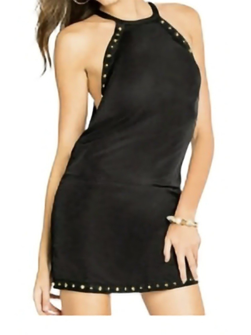 Black Studded Halter Neck Mini Dress - Women's